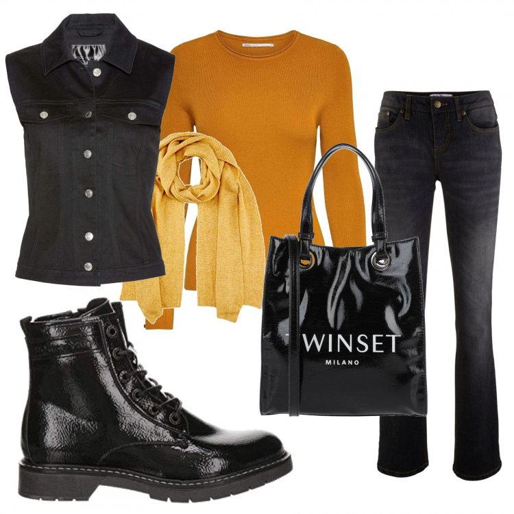 Outfit donna - Gilet ever green. Stile Trendy per Tutti i giorni. Abbinamento con jeans bootcut, gilet, borse a mano, maglioni, stivali, sciarpe.