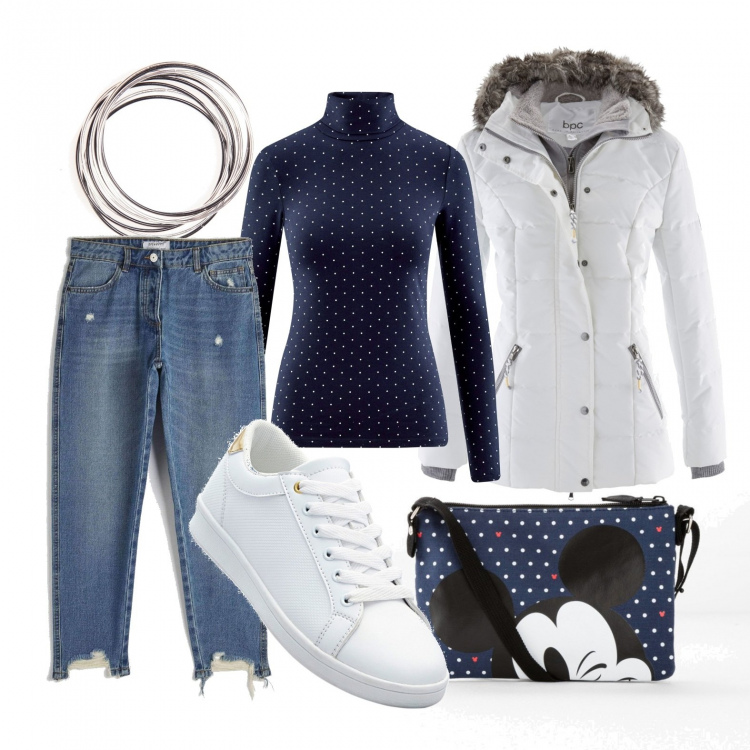 Outfit donna - Pois sur pois. Stile Urban per Tutti i giorni. Abbinamento con piumini, borse a tracolla, sneakers, jeans boyfriend, braccialetti, maglieria.