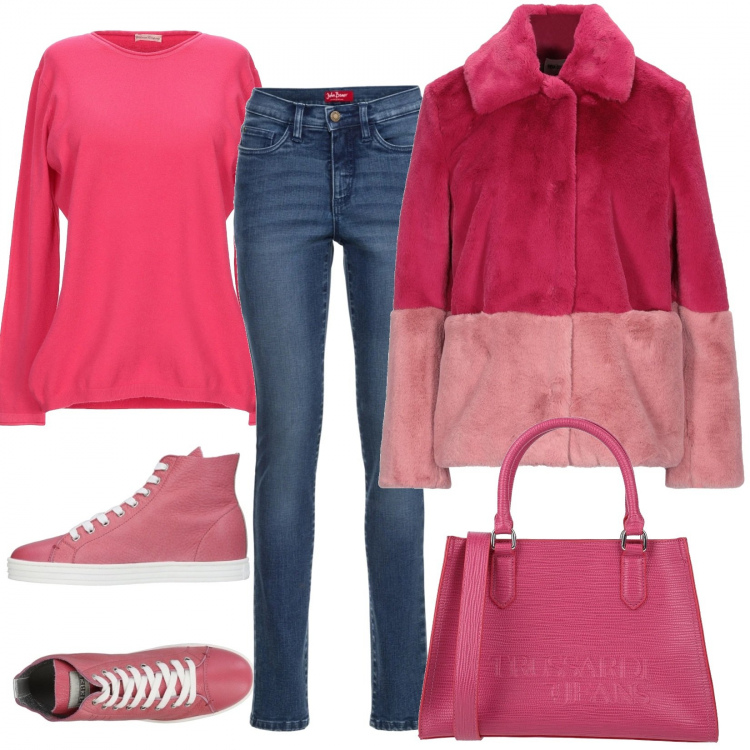 Outfit donna - Per le amanti del rosa. Stile Basic per Tutti i giorni. Abbinamento con jeans slim fit, borse a mano, pullovers, ecopellicce, sneakers alte.