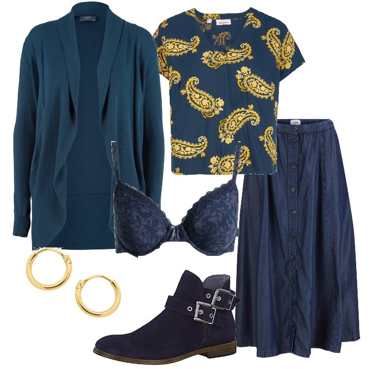 Outfit donna - Il blu per lo smartworking. Stile Basic per Tutti i giorni. Abbinamento con cardigans, gonne longuette, tuniche, stivaletti, reggiseni, orecchini.