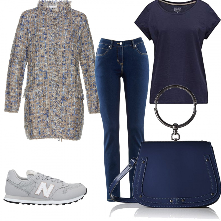Outfit donna - Easy sunday. Stile Basic per Tutti i giorni. Abbinamento con jeans dritti, cardigans, sneakers, borse a spalla, t-shirt.