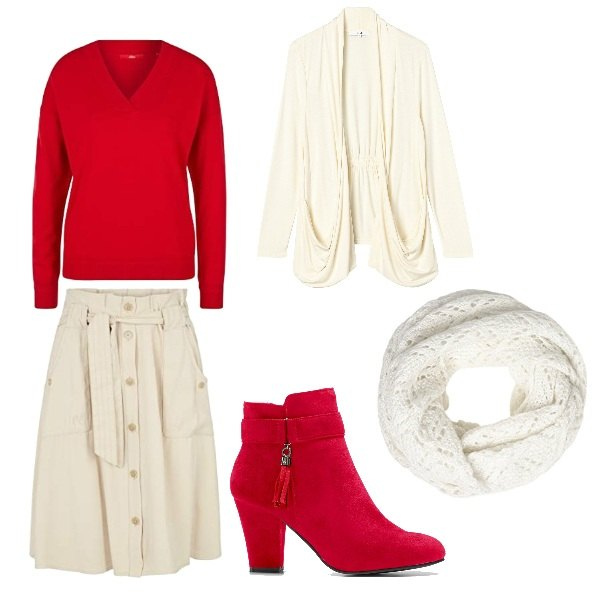 Outfit donna - Mattina di Natale in famiglia. Stile Basic per Tutti i giorni. Abbinamento con stivaletti, gonne, sciarpe, maglioni, cardigans.