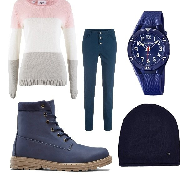 Outfit donna - Prime giornate di pioggia. Stile Basic per Tutti i giorni. Abbinamento con maglieria, stivaletti, pantaloni, cappelli.
