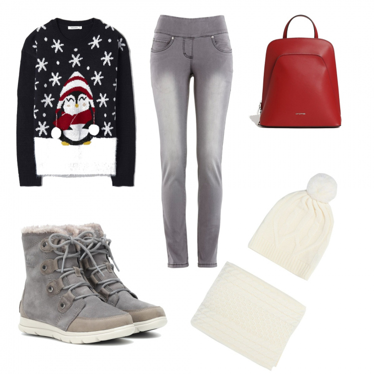 Outfit donna - Cena degli auguri. Stile Basic per Tutti i giorni. Abbinamento con jeans slim fit, sciarpe, pullovers, zaini, stivaletti.