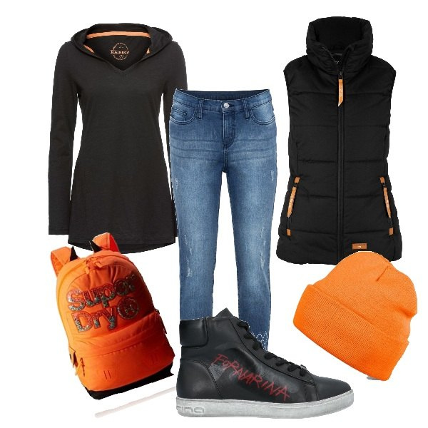 Outfit donna - Dettagli arancio. Stile Trendy per Sport. Abbinamento con maglieria, piumini, jeans skinny, sneakers alte, berretti, zaini.