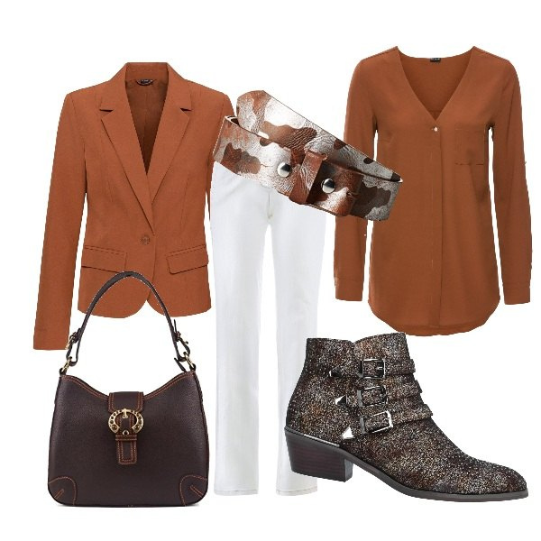 Outfit donna - In stile con il brown. Stile Basic per Serata fuori. Abbinamento con camicie, jeans dritti, blazer, stivaletti, borse a spalla, cinture.