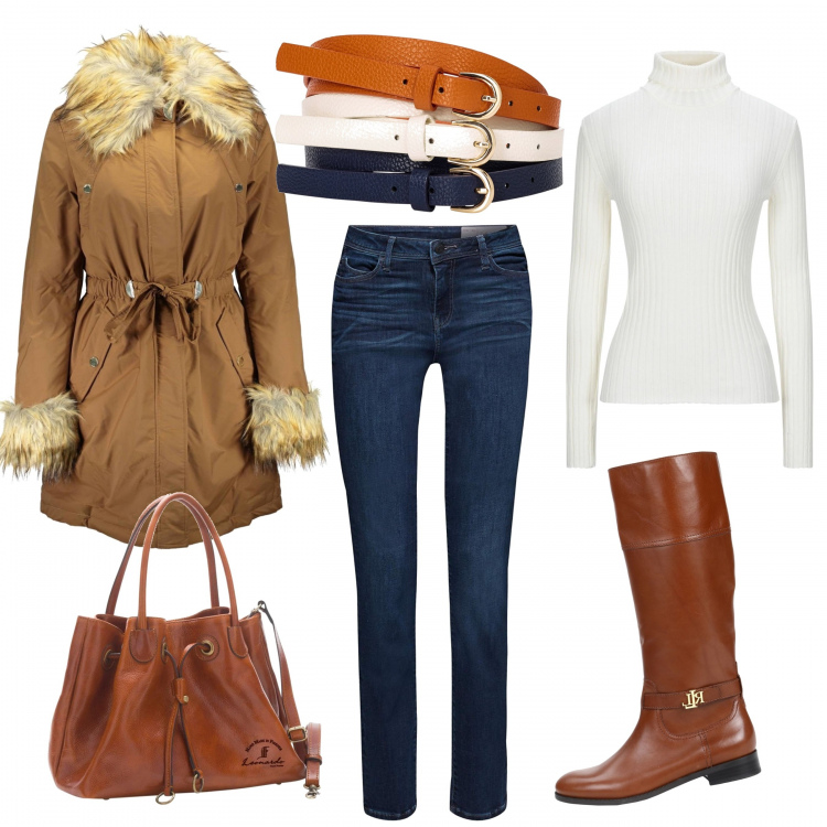 Outfit donna - Trendy #94203. Stile Trendy per Tutti i giorni. Abbinamento con cinture, maglieria, stivali, borse a mano, parka, jeans dritti.