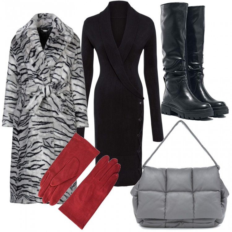 Outfit donna - Black lady. Stile Urban per Ufficio. Abbinamento con ecopellicce, vestiti, stivali, clutch, guanti.