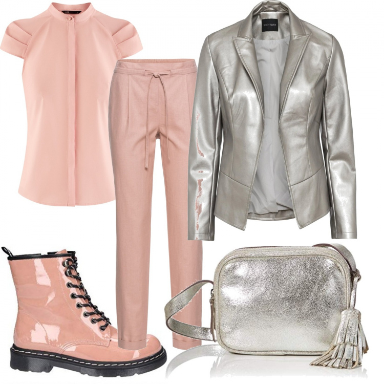 Outfit donna - Argento e rosa. Stile Rock per Tutti i giorni. Abbinamento con pantaloni, blazer, camicie a manica corta, stivali, borse a tracolla.