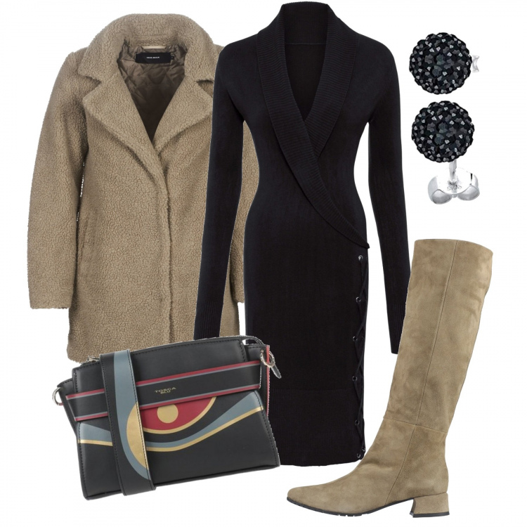 Outfit donna - Col vestito di lana. Stile Urban per Tutti i giorni. Abbinamento con stivali, borse a mano, vestiti, cappotti, orecchini.