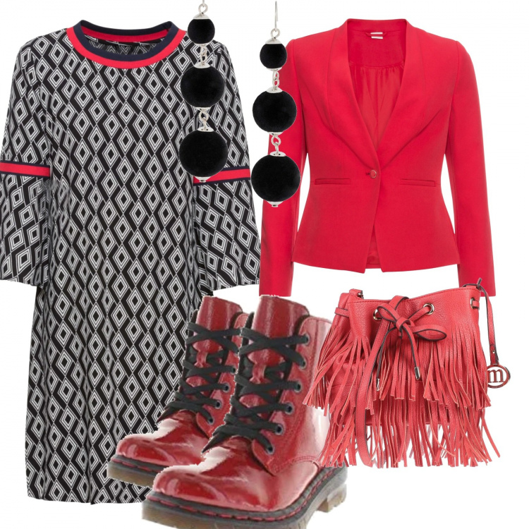Outfit donna - Geometrie anfibi e frange. Stile Trendy per Serata fuori. Abbinamento con vestiti, blazer, orecchini, borse a tracolla, stivali.