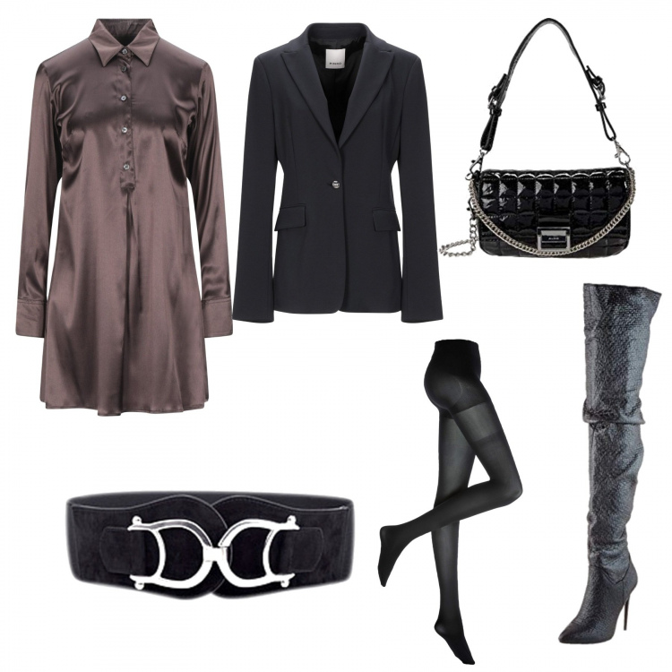 Outfit donna - Star. Stile Basic per Serata fuori. Abbinamento con cinture, collant, vestiti corti, blazer, stivali sopra il ginocchio, borse a mano.