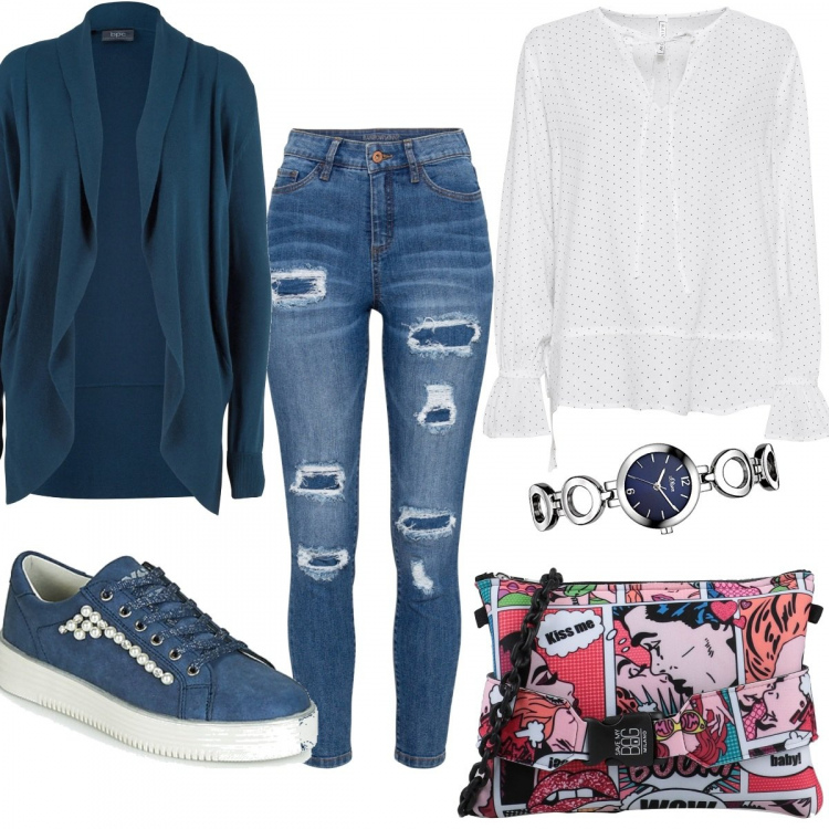Outfit donna - Urban #34871. Stile Urban per Tutti i giorni. Abbinamento con cardigans, bluse, jeans strappati, borse a mano, sneakers, orologi.