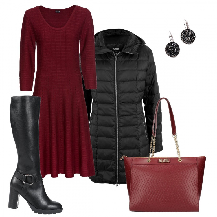 Outfit donna - Sexy #11533. Stile Sexy per Serata fuori. Abbinamento con stivali, vestiti, piumini, orecchini, shopping bag.