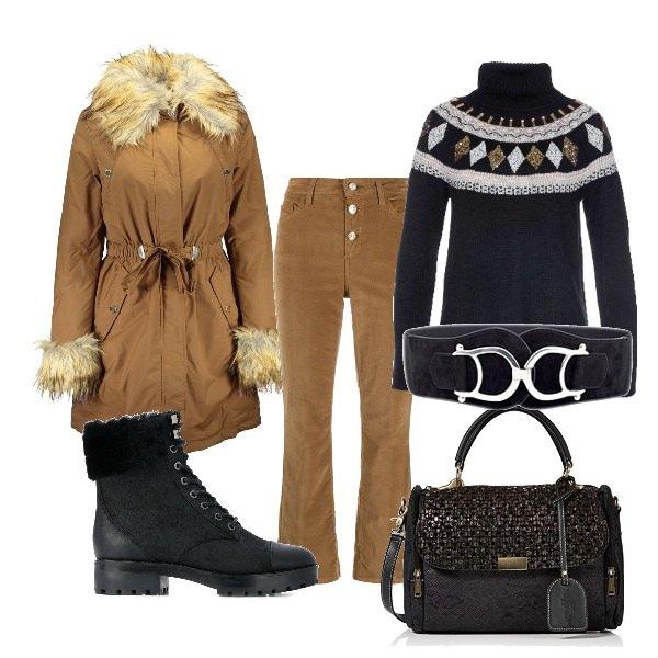 Outfit donna - Domenica in montagna. Stile Basic per Tutti i giorni. Abbinamento con cinture, maglioni, parka, stivali, pantaloni, borse a mano.