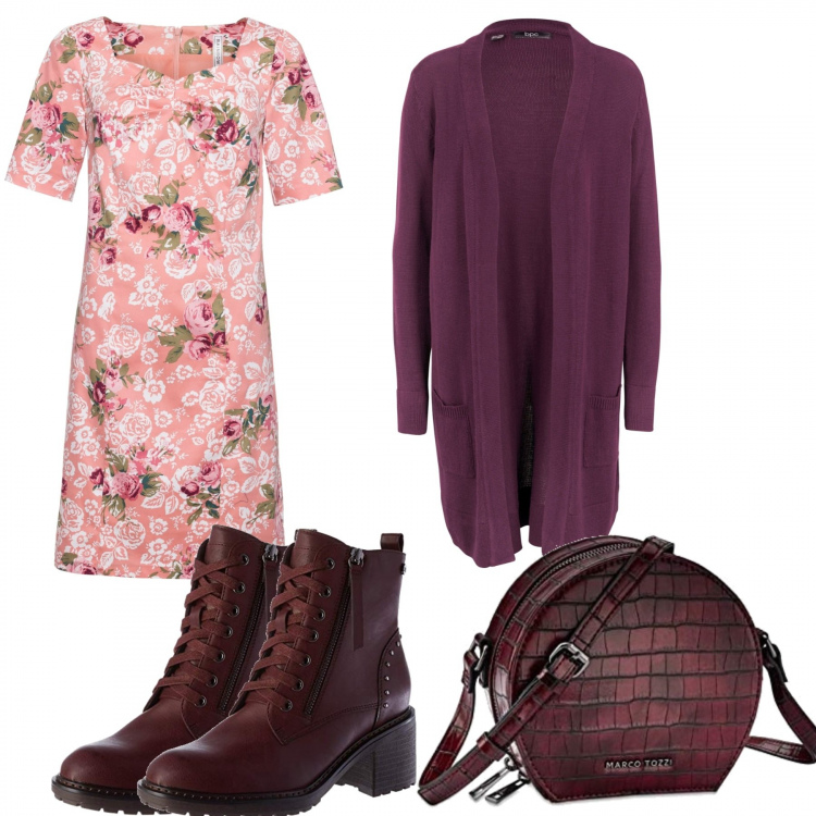 Outfit donna - Urban chic low cost. Stile Urban per Tutti i giorni. Abbinamento con cardigans, vestiti, stivaletti, borse a tracolla.