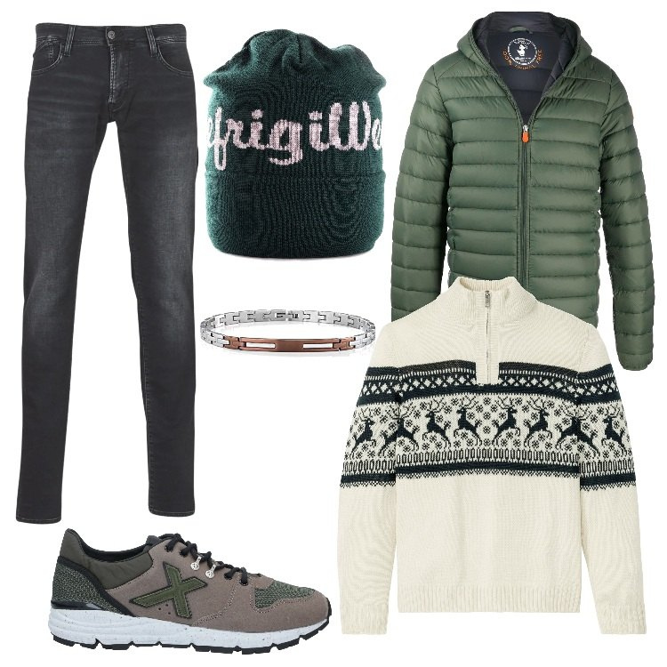 Outfit uomo - Sportivo in verde. Stile Casual per Tutti i giorni. Abbinamento con maglieria, sneakers, cappelli, jeans, piumini, braccialetti.