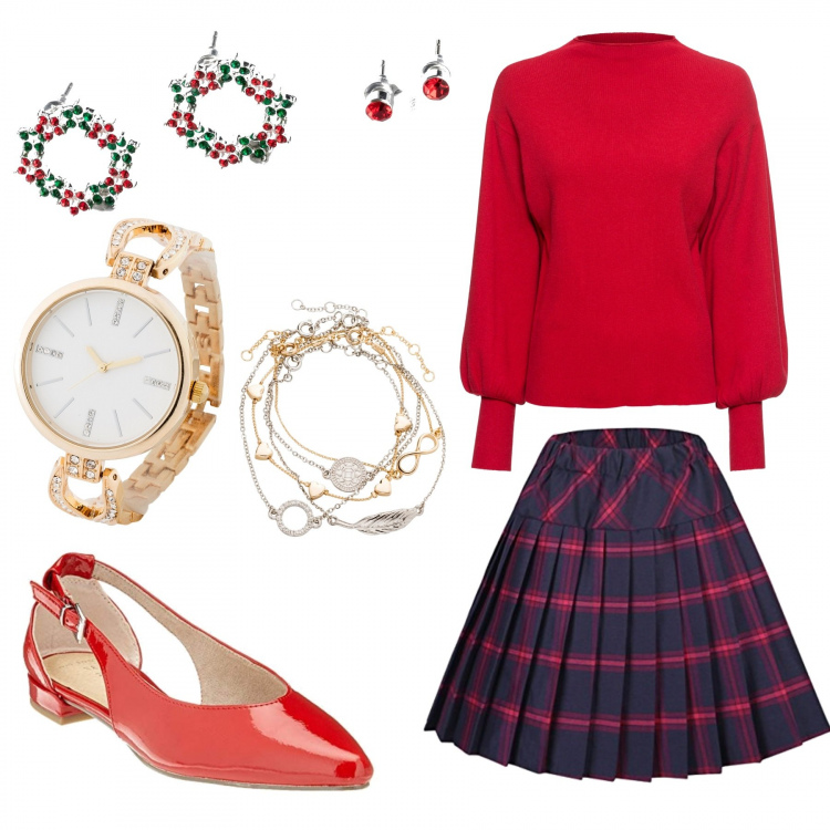 Outfit donna - Natale chic anche a casa. Stile Chic per Tutti i giorni. Abbinamento con maglieria, braccialetti con ciondoli, tuniche, orologi, gonne, ballerine.