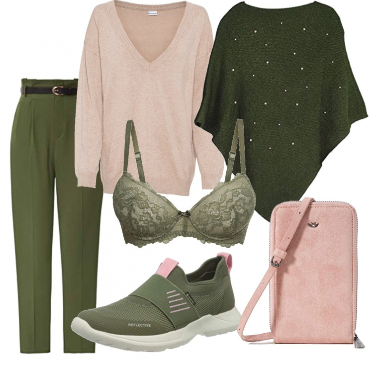 Outfit donna - Un caffè in compagnia. Stile Basic per Tutti i giorni. Abbinamento con maglieria, reggiseni, cappotti, pantaloni, borse a tracolla.