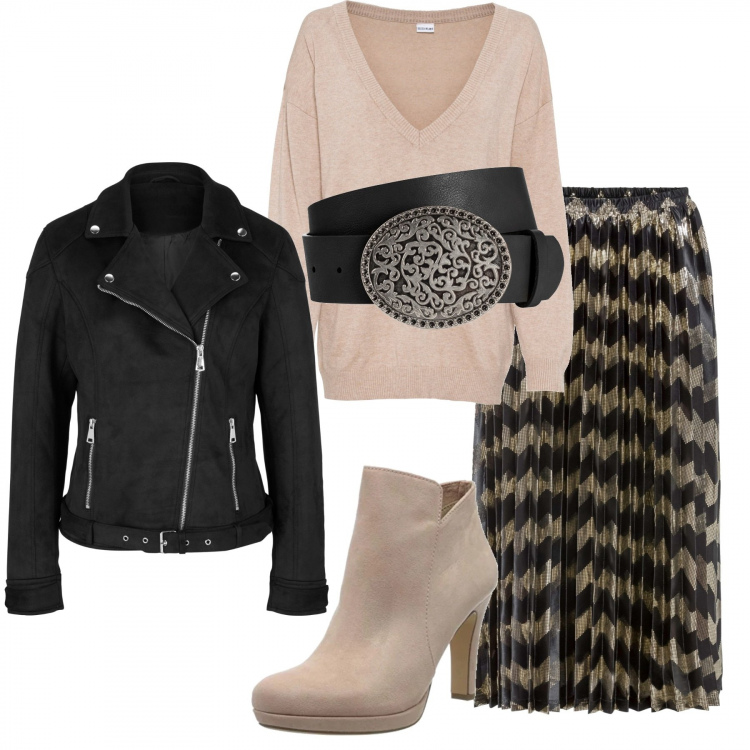 Outfit donna - Winter rock curvy. Stile Rock per Serata fuori. Abbinamento con maglieria, gonne, blazer, cinture, stivaletti.