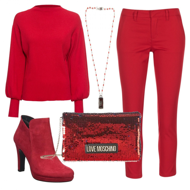 Outfit donna - In rosso per le feste. Stile Trendy per Serata fuori. Abbinamento con maglieria, pantaloni chino, collane, borse a spalla, stivaletti.
