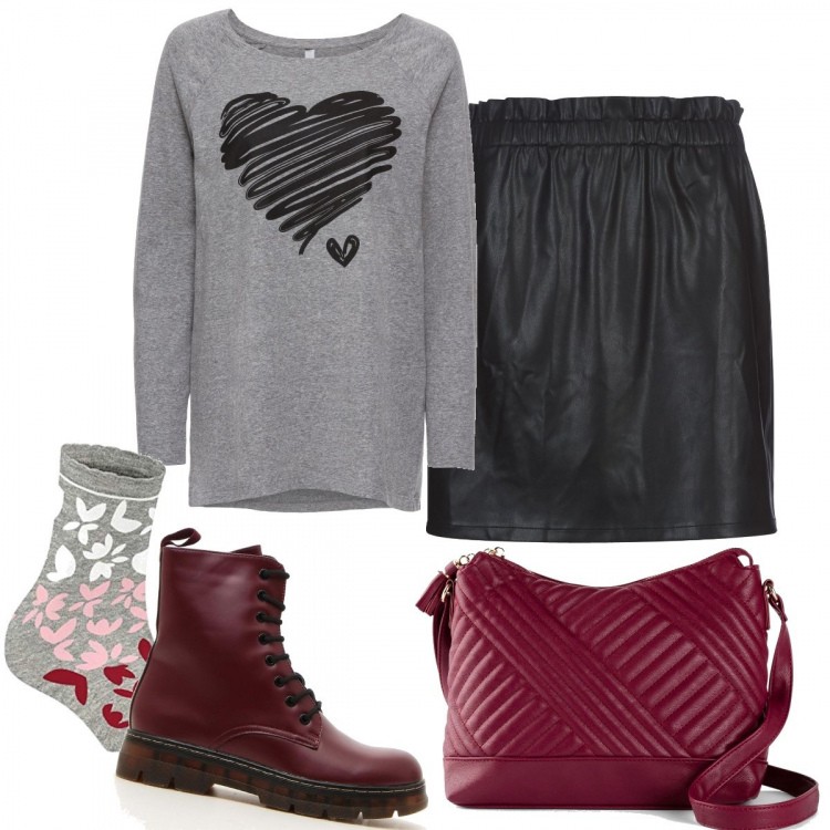 Outfit donna - Una maglia col cuore. Stile Trendy per Scuola/Università. Abbinamento con maglieria, borse a tracolla, minigonne, anfibi, calzini.