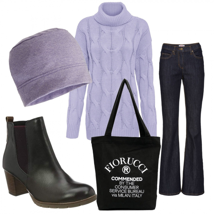 Outfit donna - Glicine. Stile Basic per Tutti i giorni. Abbinamento con jeans bootcut, maglioni, borse tote, stivaletti, berretti.
