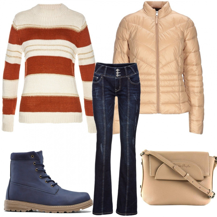 Outfit donna - Urban #34903. Stile Urban per Tutti i giorni. Abbinamento con jeans bootcut, maglioni, stivaletti, piumini, borse a tracolla.