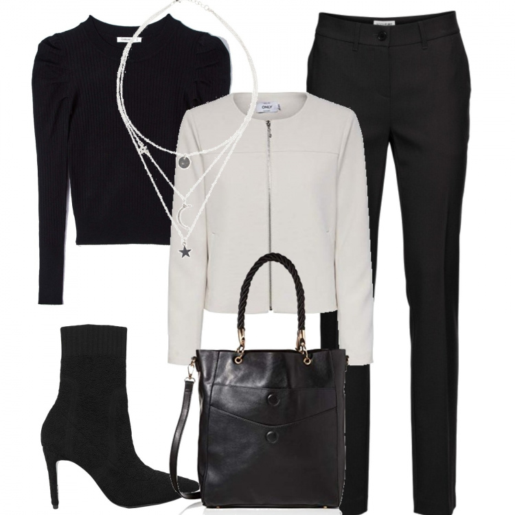 Outfit donna - Bianco e nero. Stile Chic per Tutti i giorni. Abbinamento con pantaloni, collane, stivaletti, maglieria, blazer, shopping bag.