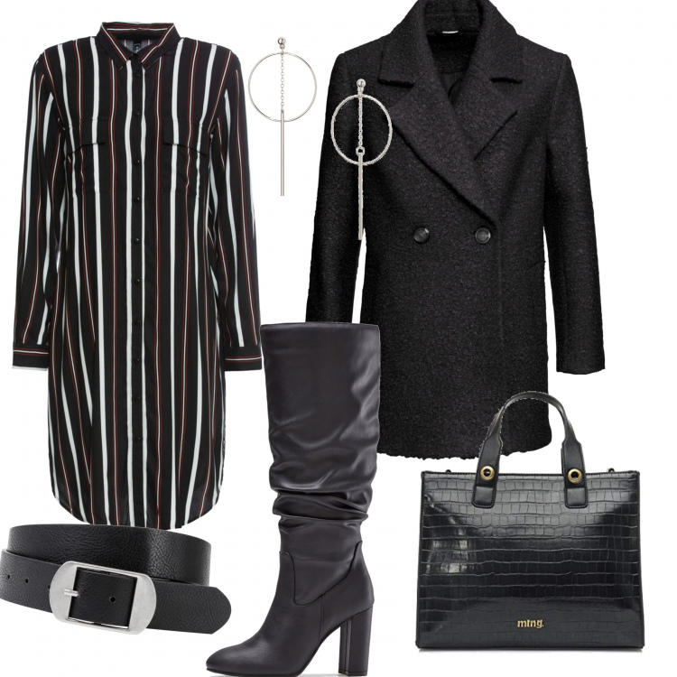 Outfit donna - Quasi total black. Stile Basic per Ufficio. Abbinamento con cinture, orecchini, stivali sopra il ginocchio, cappotti, vestiti, borse a mano.