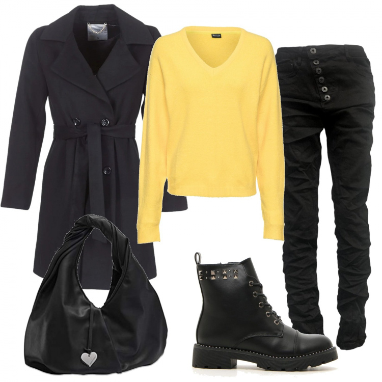 Outfit donna - Quasi total black. Stile Basic per Tutti i giorni. Abbinamento con maglieria, jeans, cappotti, borse tote, anfibi.