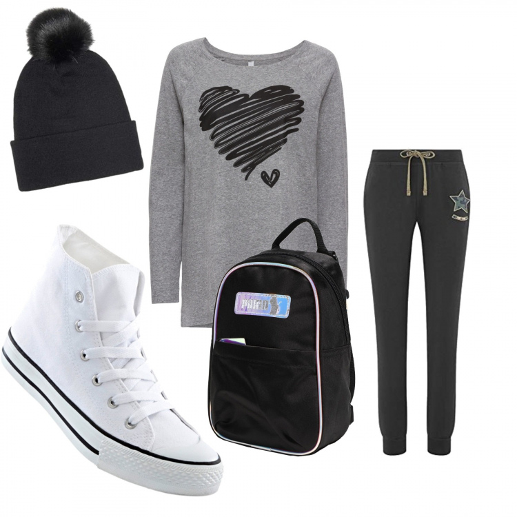 Outfit donna - Cuori e stelle. Stile Urban per Sport. Abbinamento con maglieria, sneakers alte, zaini, berretti, pantaloni.
