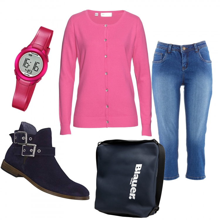 Outfit donna - Charming. Stile Urban per Tutti i giorni. Abbinamento con jeans slim fit, cardigans, borse a tracolla, stivaletti, orologi.