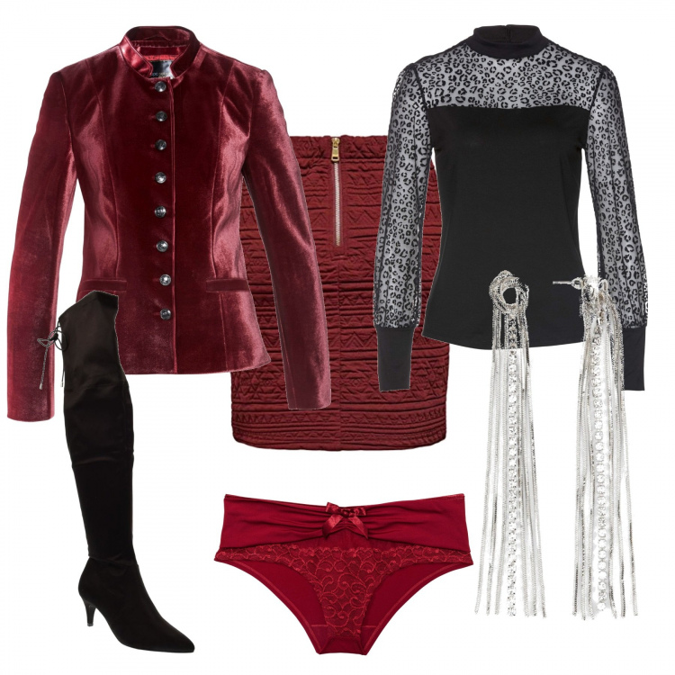 Outfit donna - Capodanno in casa. Stile Trendy per Serata fuori. Abbinamento con maglieria, blazer, slip, orecchini, stivali, minigonne.