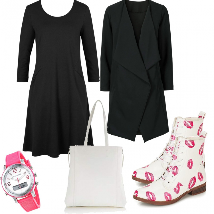 Outfit donna - 24mila baci - stivaletti fantasia. Stile Urban per Tutti i giorni. Abbinamento con vestiti corti, giacche, stivaletti, borse tote, orologi analogici.