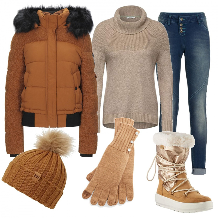 Outfit donna - La neve in citta\'. Stile Basic per Tutti i giorni. Abbinamento con jeans boyfriend, piumini, guanti, stivali da neve, maglioni, berretti.
