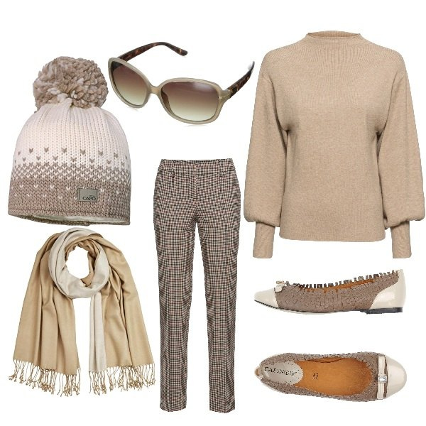 Outfit donna - Chic #52269. Stile Chic per Scuola/Università. Abbinamento con maglieria, pantaloni, ballerine, berretti, occhiali da sole, sciarpe.