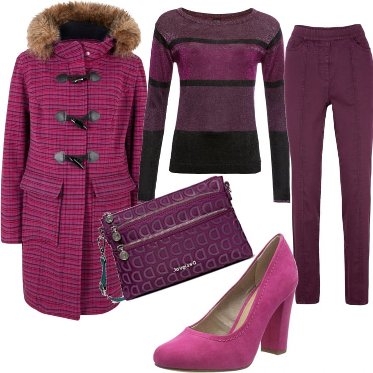 Outfit donna - A pranzo insieme a lui. Stile Trendy per Serata fuori. Abbinamento con maglieria, montgomery, pantaloni, scarpe col tacco, borse a tracolla.