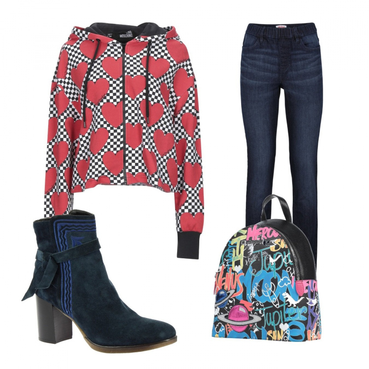 Outfit donna - Trendy #94551. Stile Trendy per Scuola/Università. Abbinamento con jeggings, felpe con cappuccio, zaini, stivaletti.