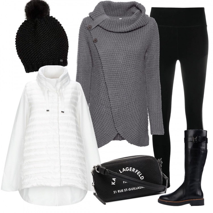 Outfit donna - Aspettando la neve. Stile Basic per Ufficio. Abbinamento con maglieria, piumini, stivali, leggings, borse a tracolla, berretti.