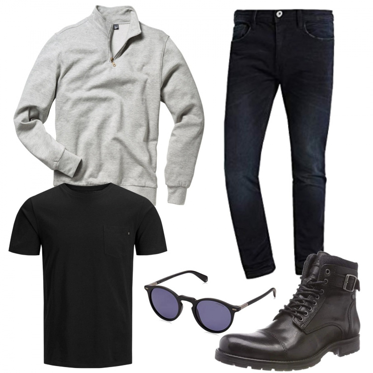 Outfit uomo - Basic in nero e grigio. Stile Casual per Tutti i giorni. Abbinamento con felpe, t-shirt, stivali e stivaletti, occhiali da sole, jeans skinny.