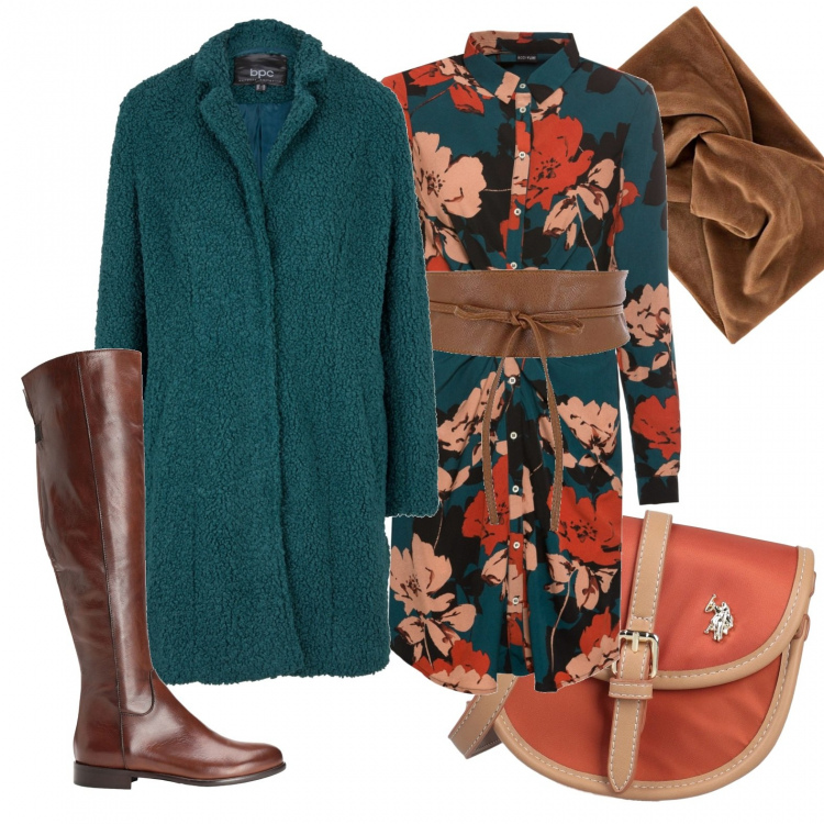 Outfit donna - Colori dell\'autunno. Stile Basic per Tutti i giorni. Abbinamento con stivali sopra il ginocchio, borse a tracolla, vestiti, cappotti, cinture, fasce per capelli.