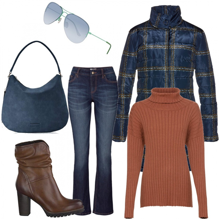 Outfit donna - Casual curvy. Stile Trendy per Tutti i giorni. Abbinamento con jeans bootcut, cappotti, maglioni, stivaletti, borse a tracolla, occhiali da sole.