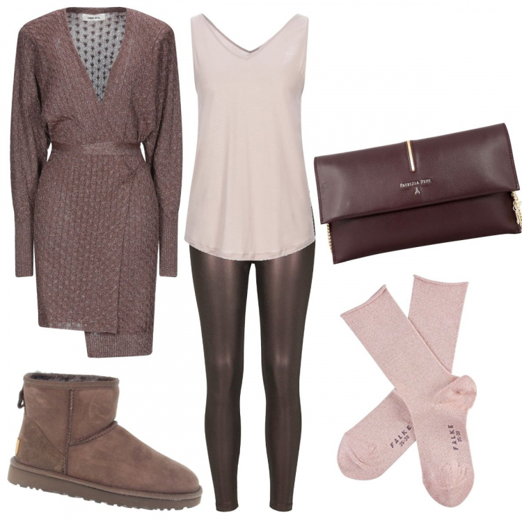 Outfit donna - Comfort e stile per lo smartworking. Stile Trendy per Tutti i giorni. Abbinamento con cardigans, magliette intime, stivaletti, treggings, calzini, pochette.