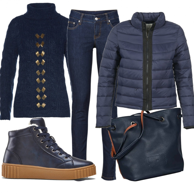 Outfit donna - Freddo non ti temo. Stile Basic per Tutti i giorni. Abbinamento con jeans skinny, maglioni, sneakers alte, piumini, borse a spalla.
