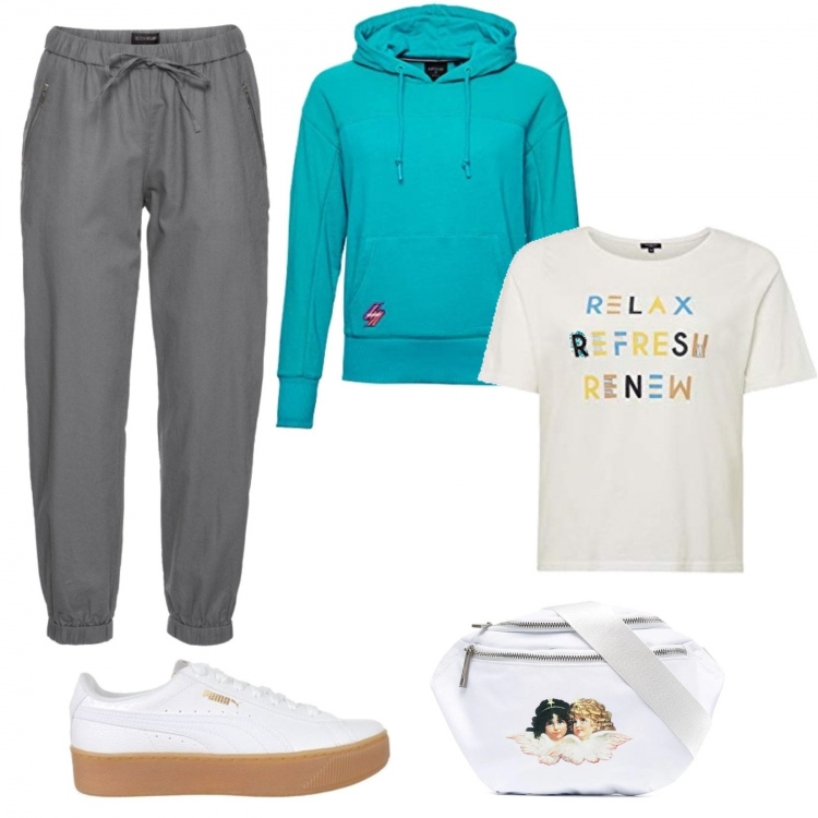 Outfit donna - Curvy: passeggiata mattutina. Stile Basic per Tutti i giorni. Abbinamento con pantaloni, sneakers, marsupi, felpe con cappuccio, t-shirt.