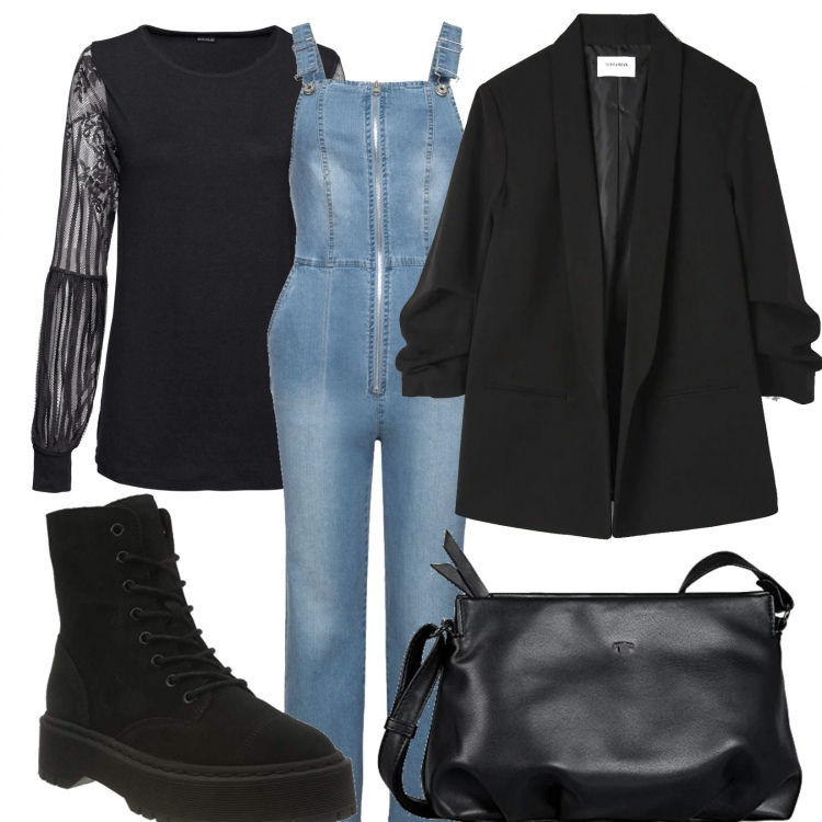 Outfit donna - La salopette sotto la giacca. Stile Urban per Tutti i giorni. Abbinamento con bluse, bikini, giacche, stivali, borse a spalla.