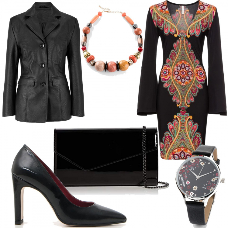Outfit donna - Con giacca similpelle. Stile Trendy per Serata fuori. Abbinamento con blazer, vestiti, collane, maglieria, décolleté, borse a mano.