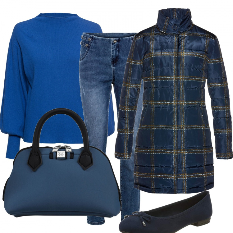 Outfit donna - Piumino a quadri. Stile Trendy per Tutti i giorni. Abbinamento con maglieria, cappotti, jeans skinny, borse a mano, ballerine.