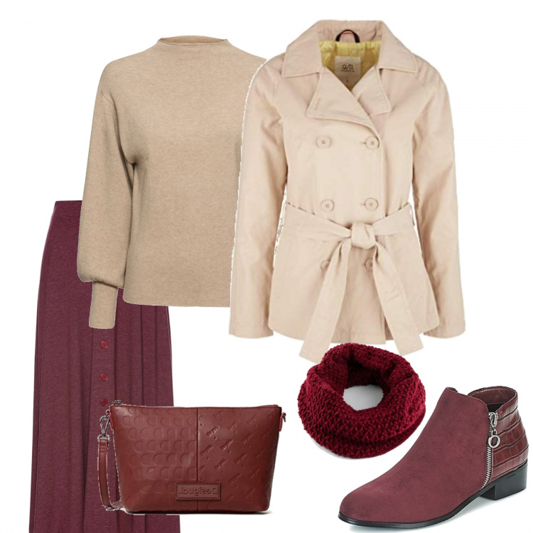 Outfit donna - Un caffè al centro. Stile Trendy per Tutti i giorni. Abbinamento con maglieria, gonne, foulard, stivaletti, blazer, borse a tracolla.